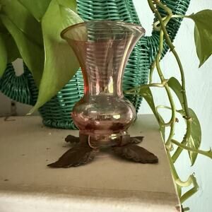 Antique Cranberry Vase With Metal Leaves